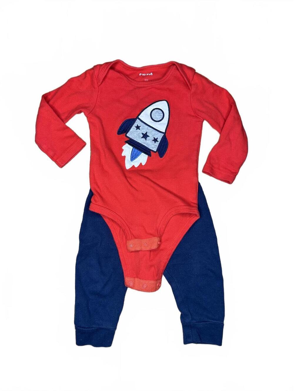 Pekkle Baby 2-Piece Look Rocket Onesie Pajamas 9M Red Navy